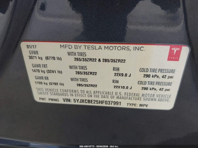 Aukcja sprzedaży 2017 Tesla Model X 100d/75d/90d, vin: 5YJXCBE25HF037991, numer aukcji: 45018772