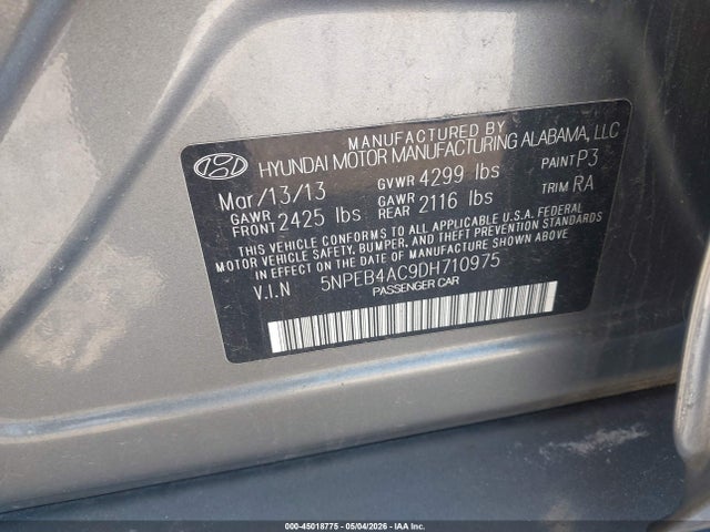 45018775 :رقم المزاد ، 5NPEB4AC9DH710975 vin ، 2013 Hyundai Sonata Gls مزاد بيع