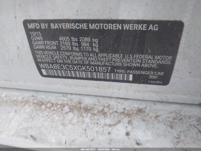 2016 Bmw 328i Xdrive მანქანა იყიდება აუქციონზე, vin: WBA8E3C5XGK501857, აუქციონის ნომერი: 45018791