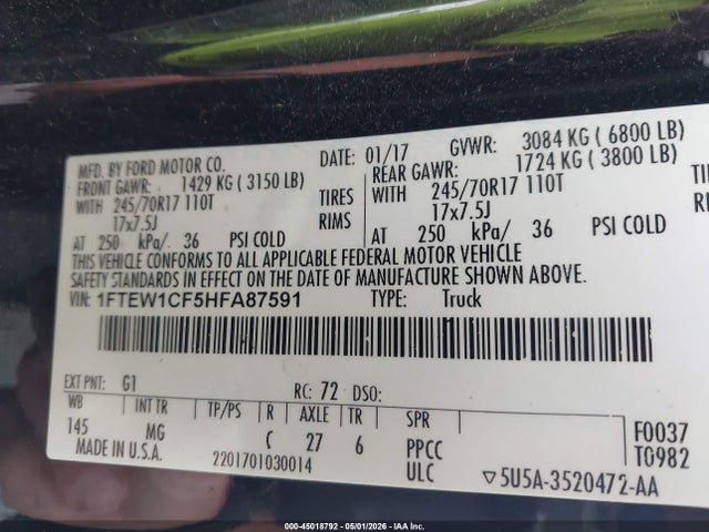 1FTEW1CF5HFA87591 Ford F-150 Xlt