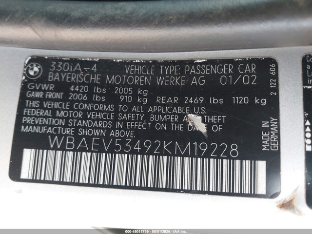 2002 Bmw 330i მანქანა იყიდება აუქციონზე, vin: WBAEV53492KM19228, აუქციონის ნომერი: 45018799