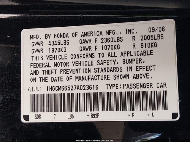 2007 Honda Accord 3.0 Ex მანქანა იყიდება აუქციონზე, vin: 1HGCM66527A023616, აუქციონის ნომერი: 45018804