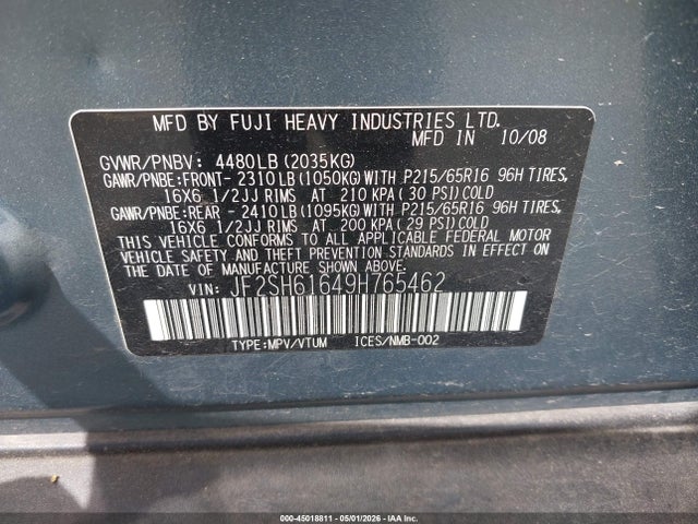 2009 Subaru Forester 2.5x მანქანა იყიდება აუქციონზე, vin: JF2SH61649H765462, აუქციონის ნომერი: 45018811