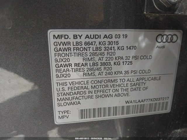 Aukcja sprzedaży 2019 Audi Q7 55 Premium/55 Se Premium, vin: WA1LAAF77KD037217, numer aukcji: 45018812