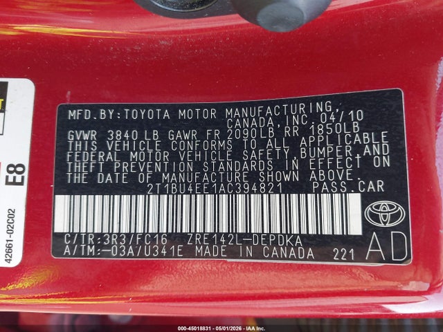 45018831 :رقم المزاد ، 2T1BU4EE1AC394821 vin ، 2010 Toyota Corolla Le مزاد بيع