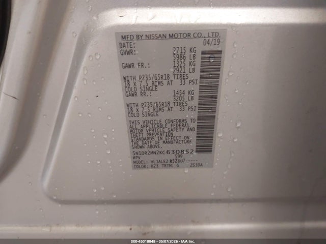 2019 Nissan Pathfinder Sv მანქანა იყიდება აუქციონზე, vin: 5N1DR2MN2KC630852, აუქციონის ნომერი: 45018848