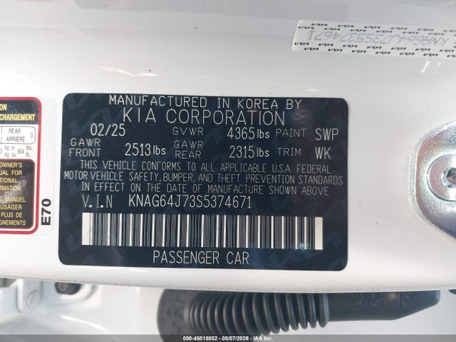 Aukcja sprzedaży 2025 Kia K5 Gt-line, vin: KNAG64J73S5374671, numer aukcji: 45018852