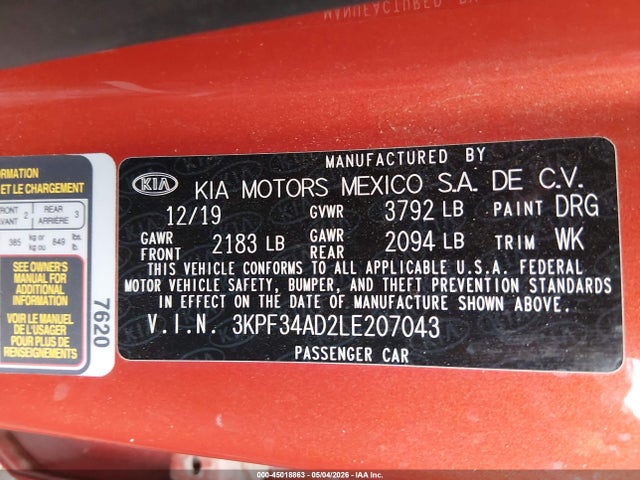 2020 Kia Forte Gt-line მანქანა იყიდება აუქციონზე, vin: 3KPF34AD2LE207043, აუქციონის ნომერი: 45018863