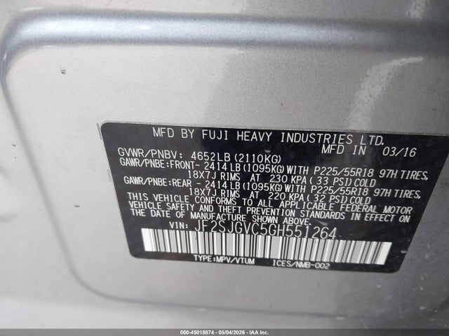2016 Subaru Forester 2.0xt Touring მანქანა იყიდება აუქციონზე, vin: JF2SJGVC5GH551264, აუქციონის ნომერი: 45018874