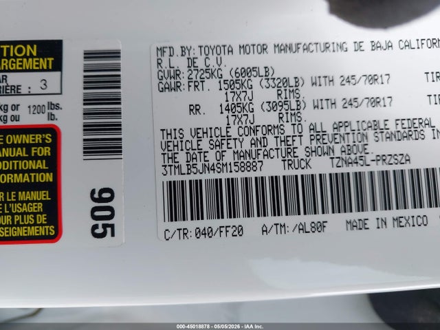 Aukcja sprzedaży 2025 Toyota Tacoma Sr5, vin: 3TMLB5JN4SM158887, numer aukcji: 45018878