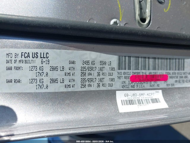 45018884 :رقم المزاد ، 1C4PJMCX3KD479778 vin ، 2019 Jeep Cherokee Latitude 4x4 مزاد بيع