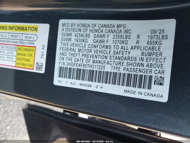 2HGFE4F85TH317225 Honda Civic Hybrid Sport/sport Touring