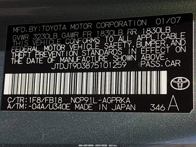 2007 Toyota Yaris მანქანა იყიდება აუქციონზე, vin: JTDJT903875101259, აუქციონის ნომერი: 45018889