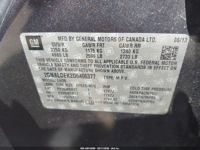 45018899 :رقم المزاد ، 2GNALDEK2D6406377 vin ، 2013 Chevrolet Equinox 1lt مزاد بيع