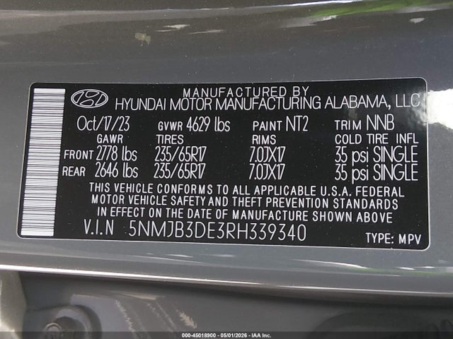 Продажа на аукционе авто 2024 Hyundai Tucson Sel, vin: 5NMJB3DE3RH339340, номер лота: 45018900