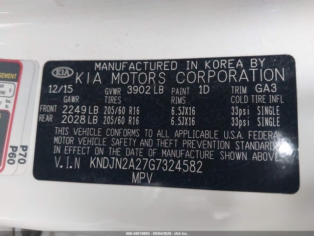 2016 Kia Soul მანქანა იყიდება აუქციონზე, vin: KNDJN2A27G7324582, აუქციონის ნომერი: 45018902
