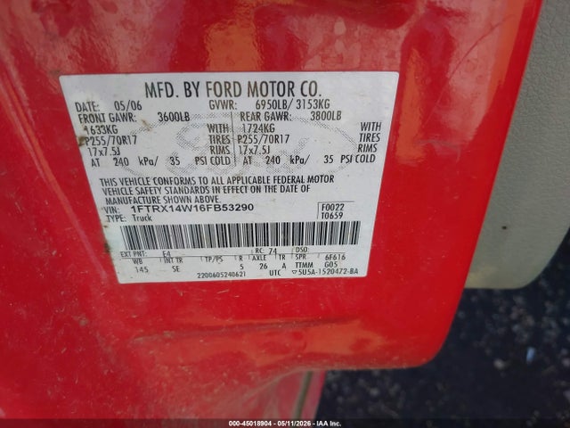 Aukcja sprzedaży 2006 Ford F-150 Stx/xl/xlt, vin: 1FTRX14W16FB53290, numer aukcji: 45018904