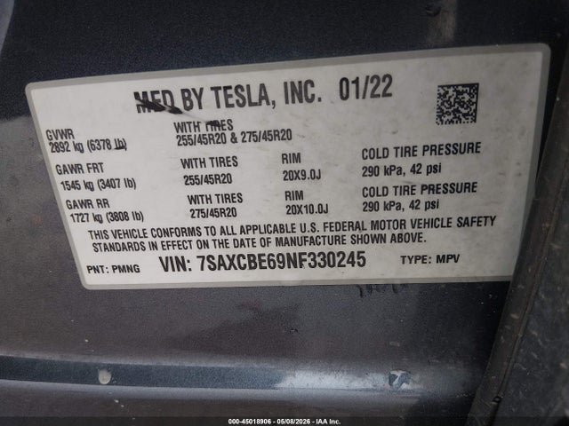 Aukcja sprzedaży 2022 Tesla Model X Plaid Tri Motor All-wheel Drive, vin: 7SAXCBE69NF330245, numer aukcji: 45018906