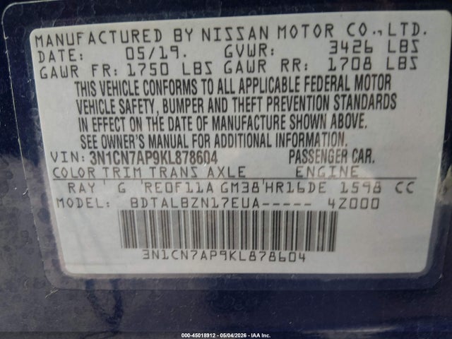 Nissan Versa 1.6 Sv 2019 3N1CN7AP9KL878604 Image 9