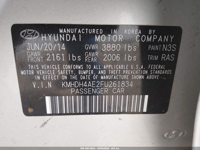 Aukcja sprzedaży 2015 Hyundai Elantra Limited, vin: KMHDH4AE2FU261834, numer aukcji: 45018924