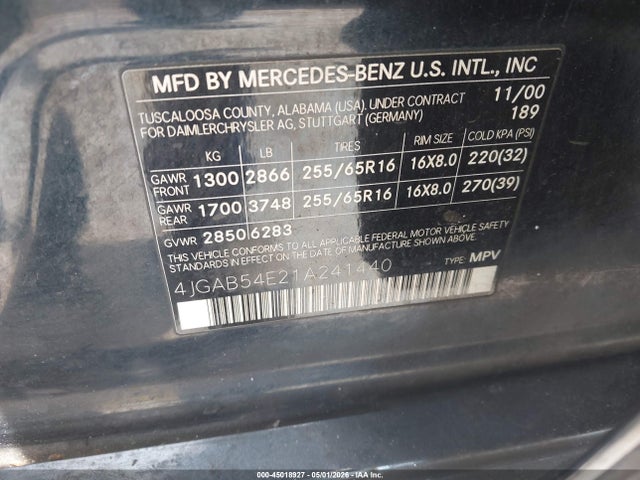 Aukcja sprzedaży 2001 Mercedes-benz Ml 320, vin: 4JGAB54E21A241440, numer aukcji: 45018927