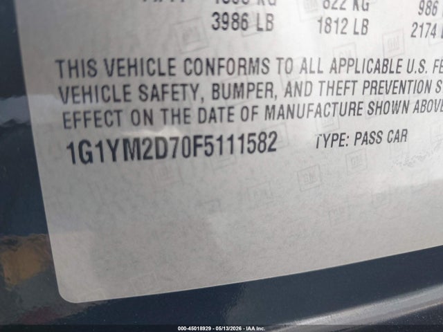 45018929 :رقم المزاد ، 1G1YM2D70F5111582 vin ، 2015 Chevrolet Corvette Stingray Z51 مزاد بيع
