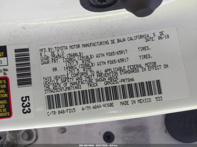 Продаж на аукціоні авто 2018 Toyota Tacoma Trd Sport, vin: 3TMAZ5CN7JM071483, номер лоту: 45018940
