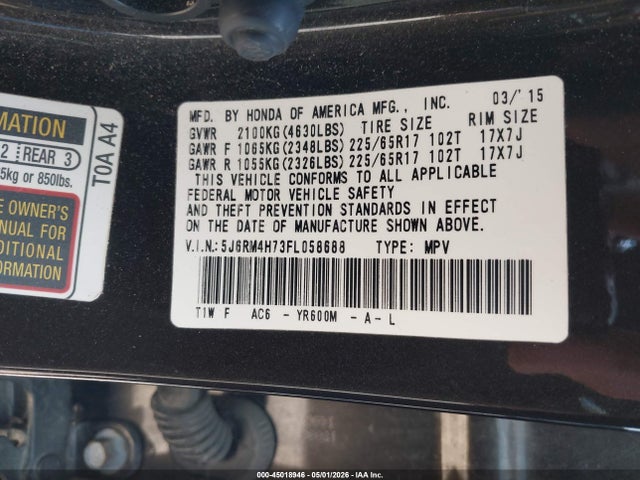 5J6RM4H73FL058688 Honda Cr-v Ex-l