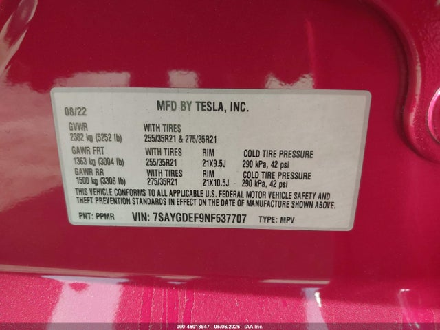 2022 Tesla Model Y Performance Dual Motor All-wheel Drive მანქანა იყიდება აუქციონზე, vin: 7SAYGDEF9NF537707, აუქციონის ნომერი: 45018947