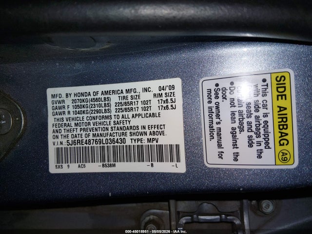 Aukcja sprzedaży 2009 Honda Cr-v Ex-l, vin: 5J6RE48769L036430, numer aukcji: 45018951
