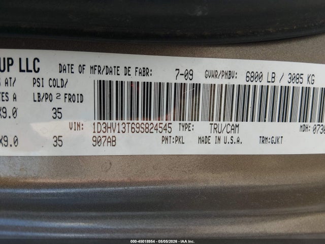 2009 Dodge Ram 1500 Laramie მანქანა იყიდება აუქციონზე, vin: 1D3HV13T69S824545, აუქციონის ნომერი: 45018954