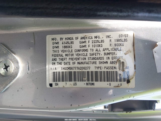 Aukcja sprzedaży 2007 Honda Accord 2.4 Ex, vin: 1HGCM56777A206277, numer aukcji: 45018955