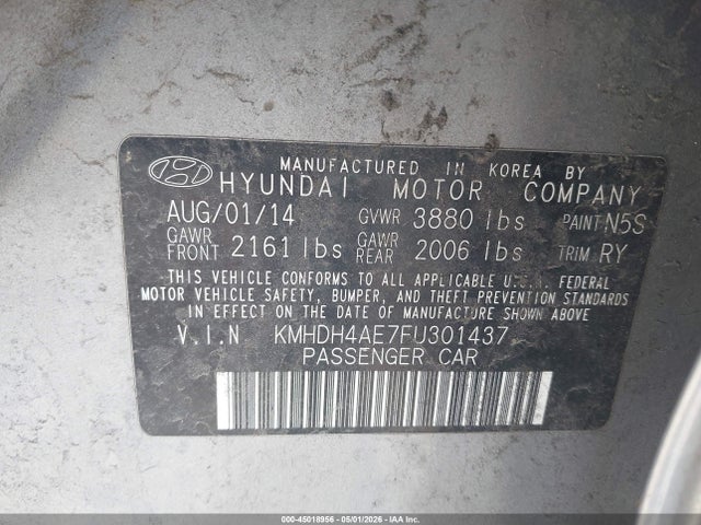 2015 Hyundai Elantra Limited მანქანა იყიდება აუქციონზე, vin: KMHDH4AE7FU301437, აუქციონის ნომერი: 45018956