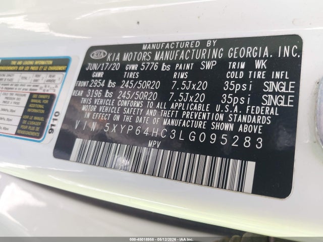 Aukcja sprzedaży 2020 Kia Telluride S, vin: 5XYP64HC3LG095283, numer aukcji: 45018958