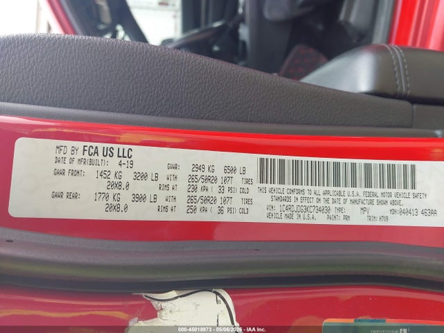 45018973 :رقم المزاد ، 1C4RDJDG3KC734030 vin ، 2019 Dodge Durango Gt Awd مزاد بيع