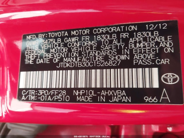 Aukcja sprzedaży 2012 Toyota Prius C Two, vin: JTDKDTB30C1526827, numer aukcji: 45018976
