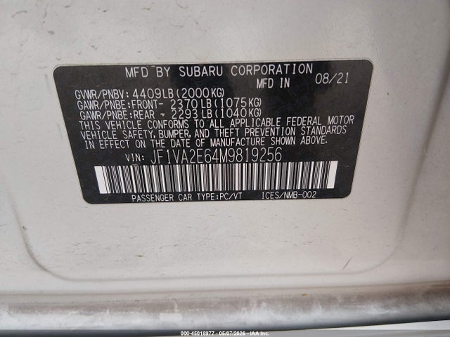 45018977 :رقم المزاد ، JF1VA2E64M9819256 vin ، 2021 Subaru Wrx Sti مزاد بيع