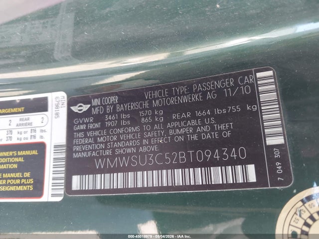 Продажа на аукционе авто 2011 Mini Cooper, vin: WMWSU3C52BT094340, номер лота: 45018979