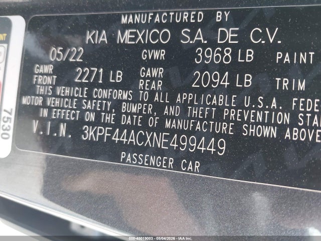 Продаж на аукціоні авто 2022 Kia Forte Gt, vin: 3KPF44ACXNE499449, номер лоту: 45019003