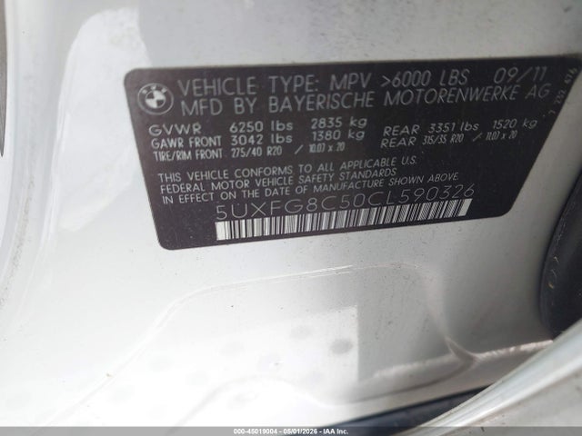 2012 Bmw X6 Xdrive50i მანქანა იყიდება აუქციონზე, vin: 5UXFG8C50CL590326, აუქციონის ნომერი: 45019004