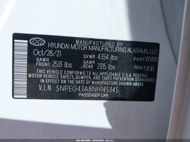 Aukcja sprzedaży 2022 Hyundai Sonata Se, vin: 5NPEG4JA8NH145345, numer aukcji: 45019005