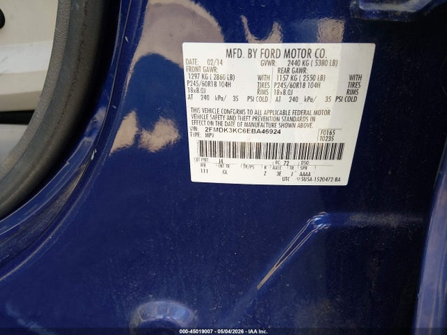 2014 Ford Edge Limited მანქანა იყიდება აუქციონზე, vin: 2FMDK3KC6EBA46924, აუქციონის ნომერი: 45019007