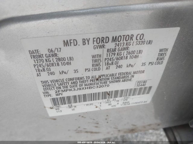 45019019 :رقم المزاد ، 2FMPK3J9XHBC32070 vin ، 2017 Ford Edge Sel مزاد بيع