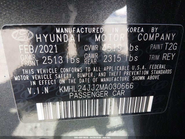 45019028 :رقم المزاد ، KMHL24JJ2MA030666 vin ، 2021 Hyundai Sonata Blue مزاد بيع