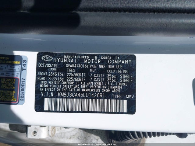 2020 Hyundai Tucson Value მანქანა იყიდება აუქციონზე, vin: KM8J3CA45LU142691, აუქციონის ნომერი: 45019030