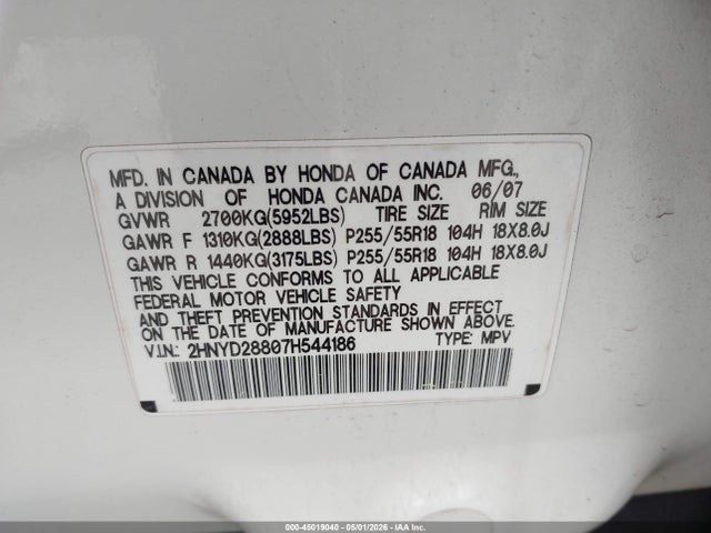 Aukcja sprzedaży 2007 Acura Mdx Sport Package, vin: 2HNYD28807H544186, numer aukcji: 45019040