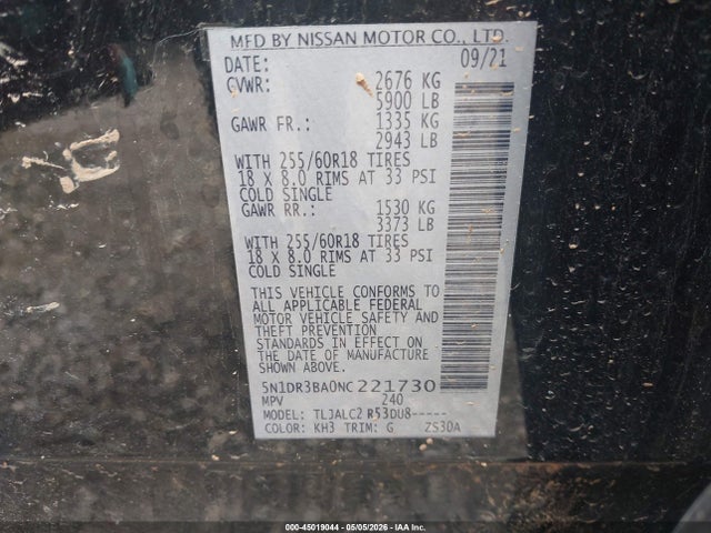 2022 Nissan Pathfinder Sv 2wd მანქანა იყიდება აუქციონზე, vin: 5N1DR3BA0NC221730, აუქციონის ნომერი: 45019044