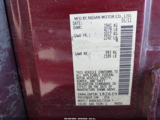 2011 Nissan Altima 2.5 S მანქანა იყიდება აუქციონზე, vin: 1N4AL2AP1BC182639, აუქციონის ნომერი: 45019045