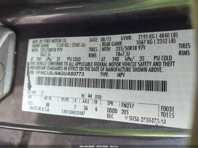 Продаж на аукціоні авто 2016 Ford Escape Titanium, vin: 1FMCU9J94GUA50773, номер лоту: 45019059