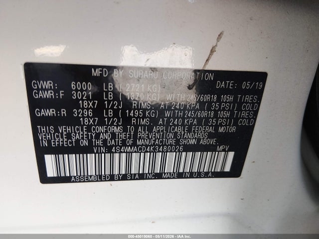Aukcja sprzedaży 2019 Subaru Ascent Premium, vin: 4S4WMACD4K3480026, numer aukcji: 45019060